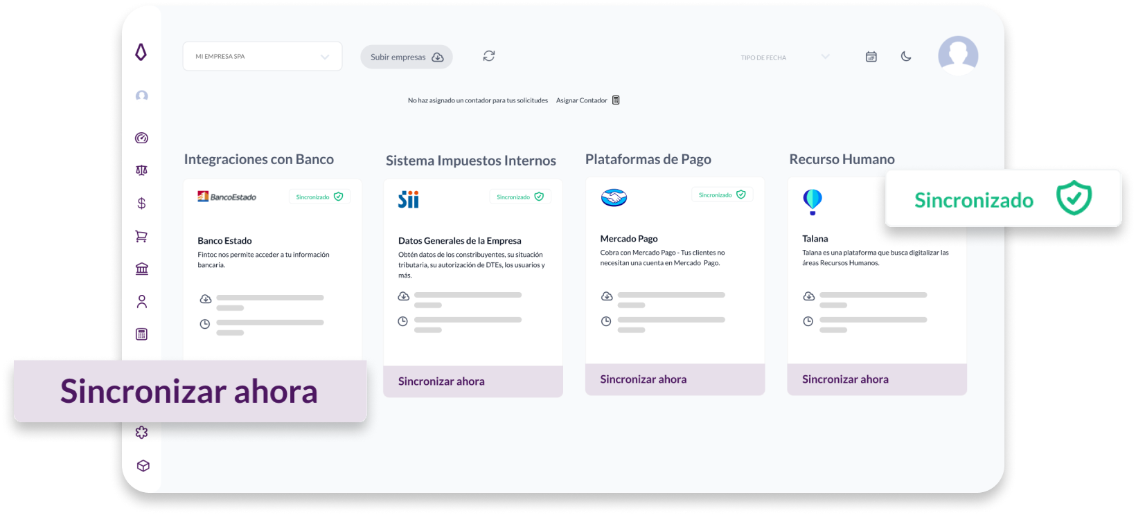 Captura de pantalla de integraciones en app Cymasuite