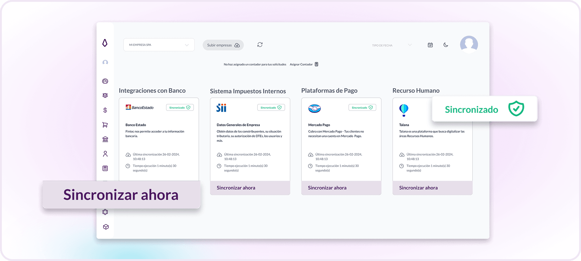 Captura de pantalla de integraciones en app Cymasuite